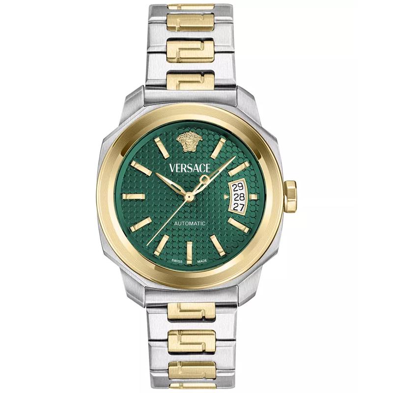 范思哲(Versace)男款瑞士自动机械腕表两 tone 不锈钢表带42mm绿盘日期窗高清大图
