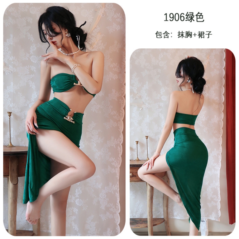 长夜漫漫情趣内衣性感抹胸诱惑紧身高开叉包臀裙夜店舞会女王1906 绿色 均码(80-125斤)