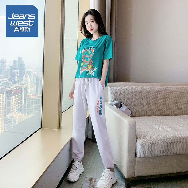 真维斯2022年夏季新款运动服短袖减龄休闲洋气长裤两件套装女潮流图片