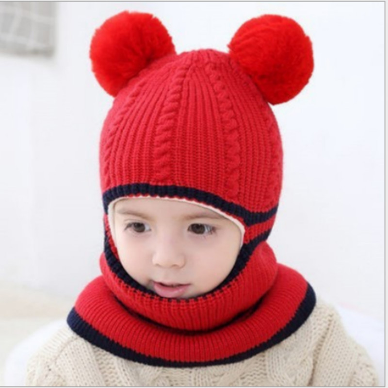 女宝宝帽子围脖2-5岁儿童毛线帽男童加绒骑车护耳脸帽子一体秋冬
