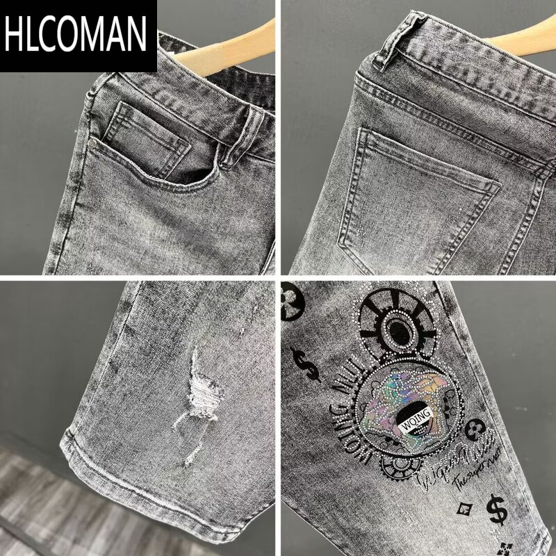 HLCOMAN2024夏季新款男士水洗潮牌烫钻弹力休闲牛仔短裤外穿百搭五分中裤