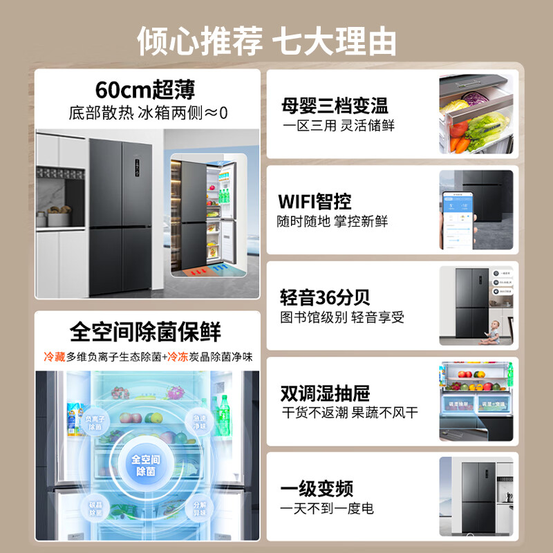 新飞风冷无霜超薄零嵌445L十字门鸿蒙智联电冰箱一级双直流变频全空间除菌BCD-445WKQ8AT灰高清大图
