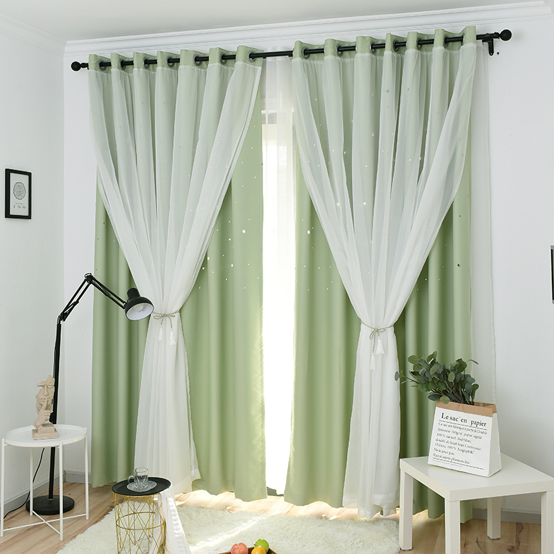 镂空窗帘公主风落地窗卧室飘窗韩式蕾丝粉色成品简约现代遮光 镂空星星绿色布+纱 3*2.7打孔加工一片