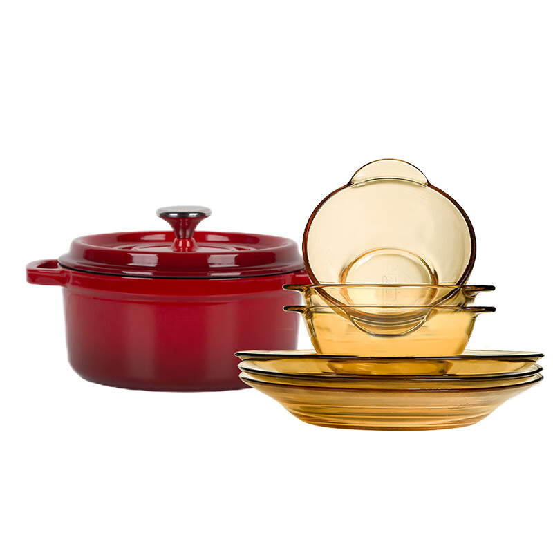 康宁(CORNING) Pyrex尚厨釉彩珐琅锅+Pyrex餐具Shiny晶耀系列玻璃餐具6件组合