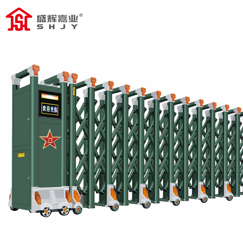 盛辉嘉业 电动伸缩门军绿色防冲击大门平移直线门单位分段收缩推拉工业门定制每米 军绿伸缩门6