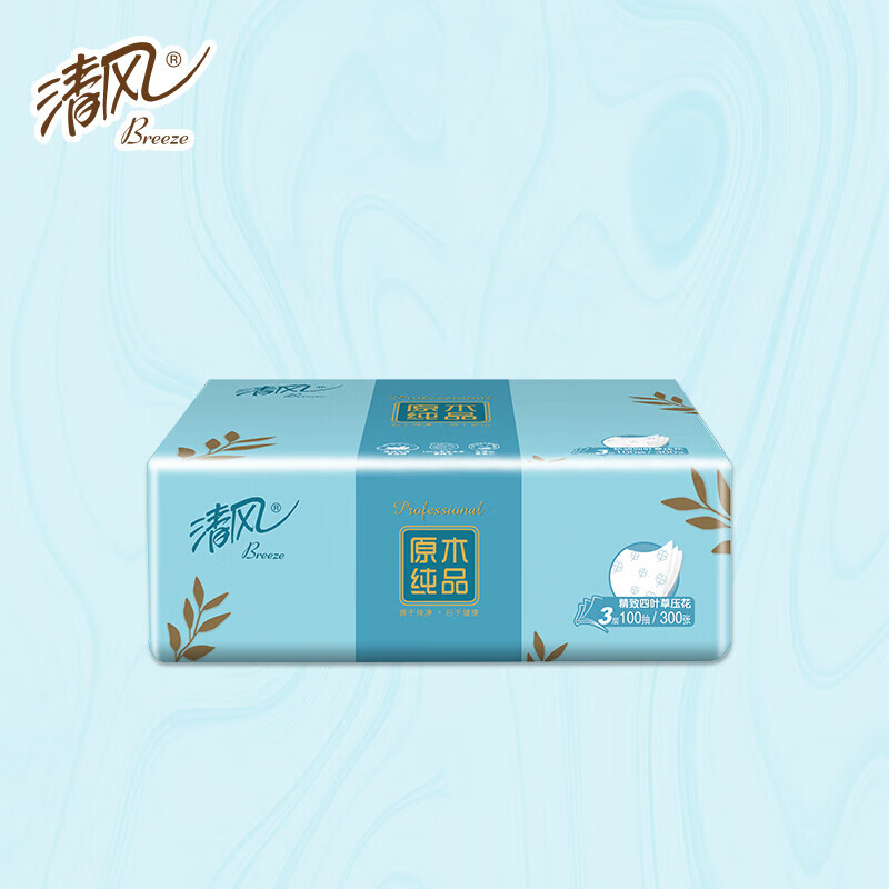 清风 抽纸 原木纯品四叶草压花100抽抽取式面纸24包/箱高清大图