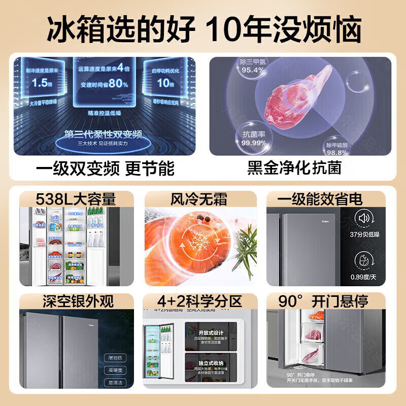 海尔(Haier)对开门冰箱538L容量家用一级双变频风冷无霜黑金净化精细分储 BCD-538WGHSSEDSH高清大图