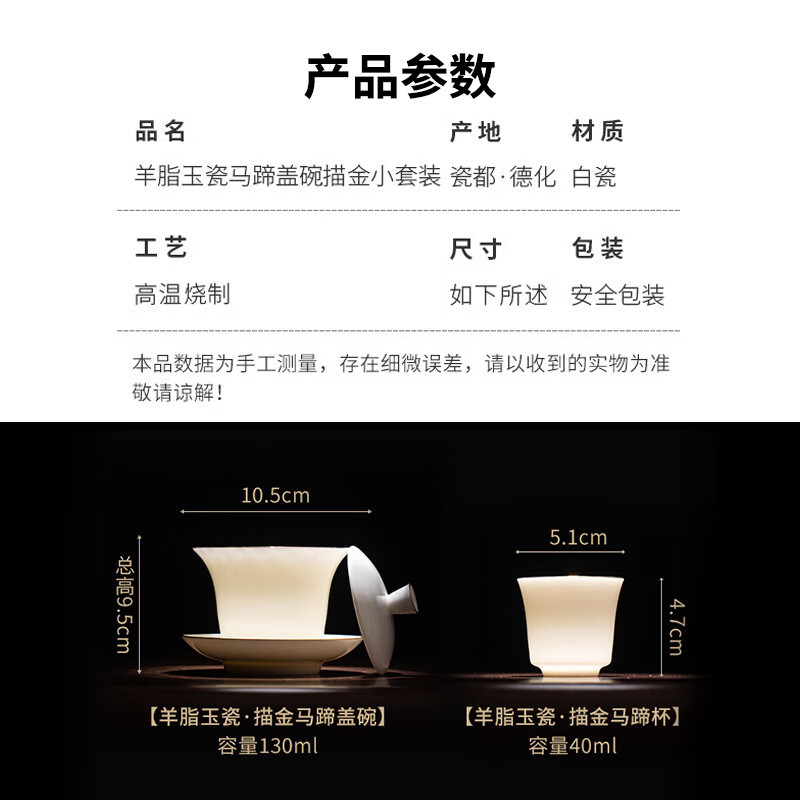 苏氏陶瓷(SUSHI CERAMICS) J1038 羊脂玉瓷马蹄盖碗描金小套装(茶杯盖碗) 三件套 (单位:套)高清大图