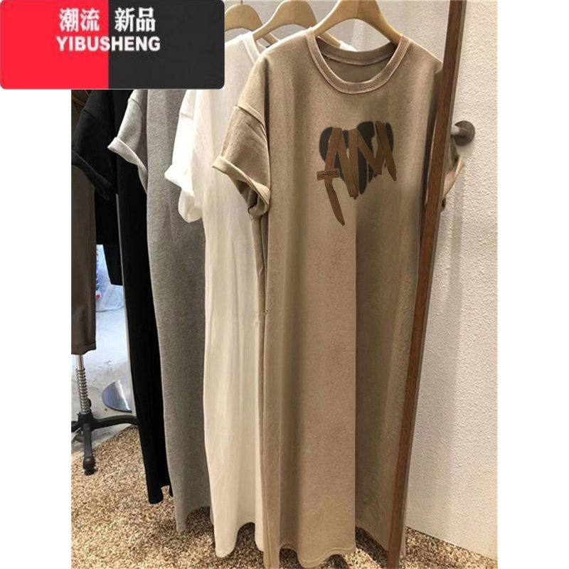 YIBUSHENG短袖遮肚子t恤裙女士季韩版宽松大码休闲中长款过膝连衣裙