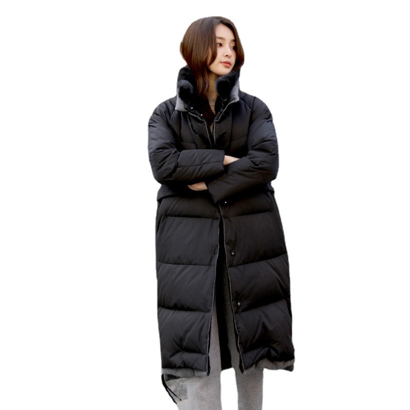 女式90绒纯色白鹅绒中长款新款女装加厚款羽绒服高清大图