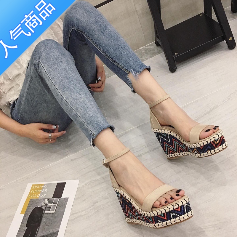 SUNTEK坡跟凉鞋女2023韩版夏天新款松糕鞋百搭高跟厚底防水台罗马鞋子潮高清大图