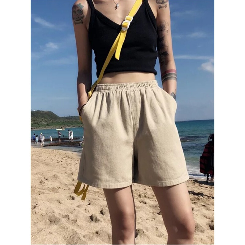 短裤女夏韩版松紧高腰休闲裤宽松显瘦百搭运动学生阔腿a字热裤潮