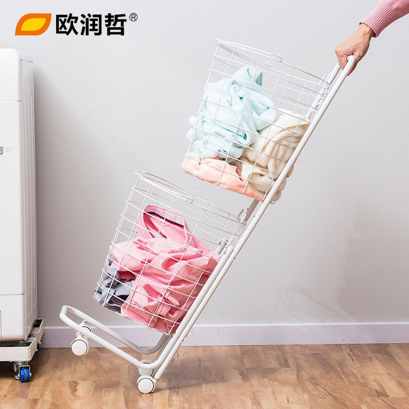 欧润哲(ORANGE) 白色大容量分类脏衣篮 带轮可移动衣服收纳筐 金属收纳层车 洗衣篓洗涤篮子收纳篮 600098