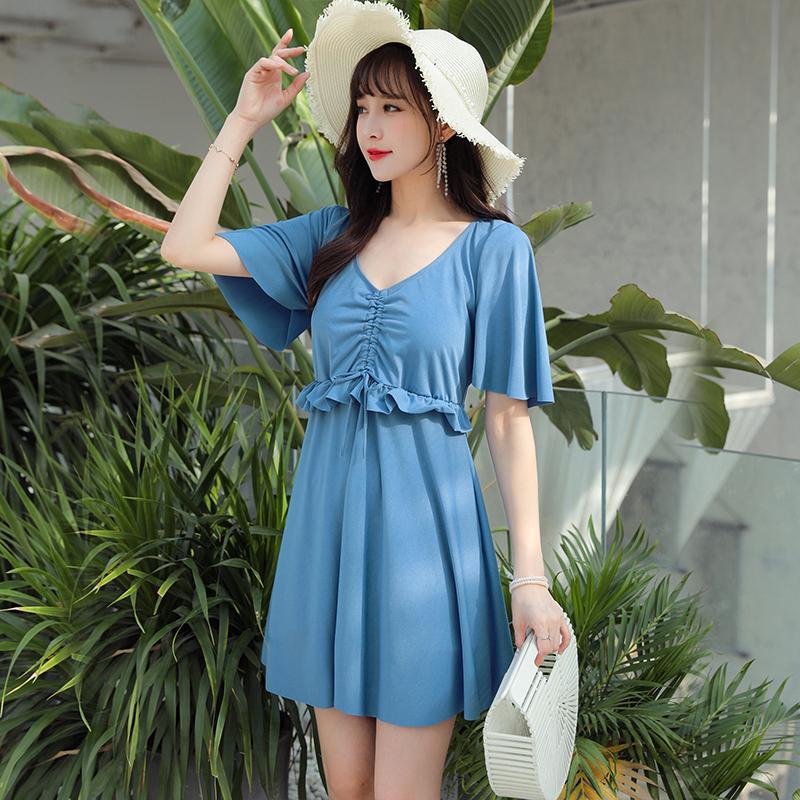 韩国大码裙式分体泳衣女200斤胖mm遮肚显瘦泡温泉胖妹妹保守泳装 2152