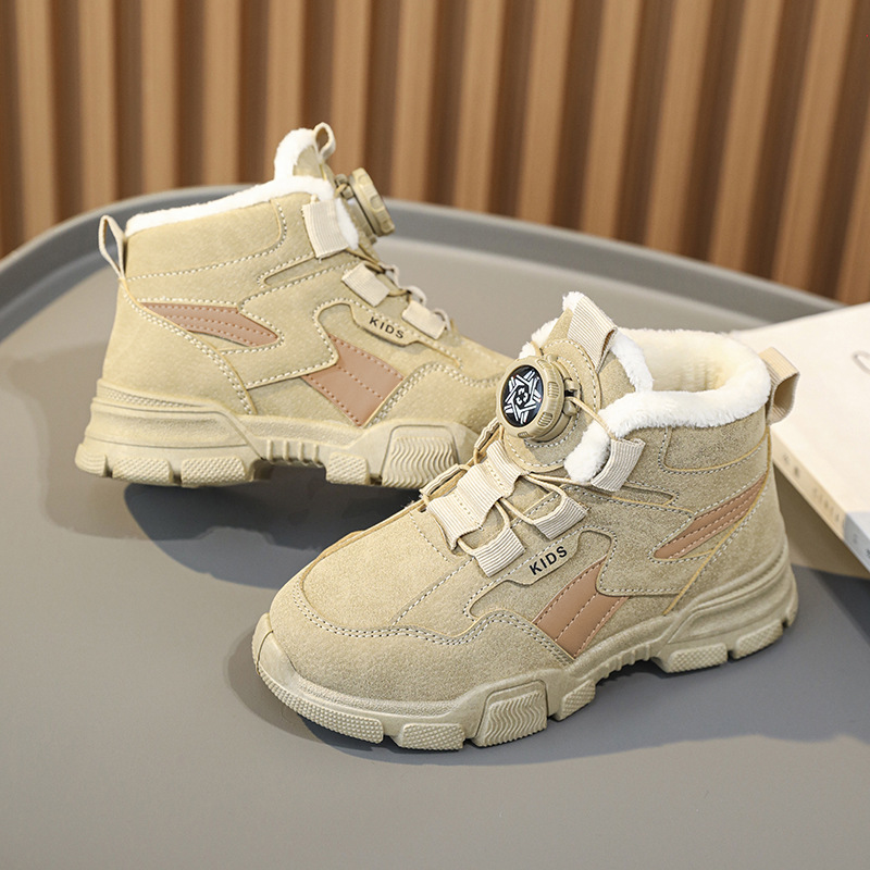 儿童休闲马丁靴防水秋冬新款加绒保暖雪地靴便携旋转纽扣百搭童鞋