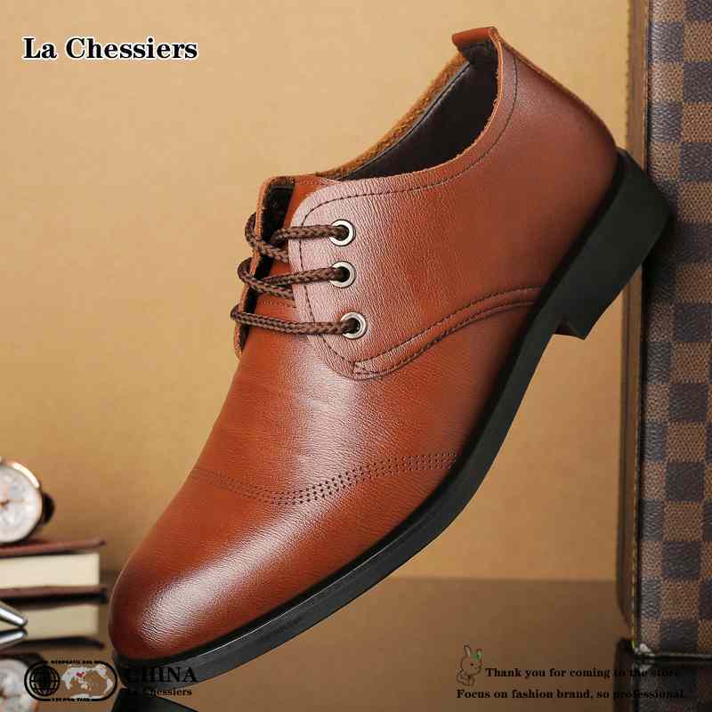 La Chessiers2025年新款男士皮鞋青年韩版正装商务透气英伦潮流百搭黑色工装男休闲鞋