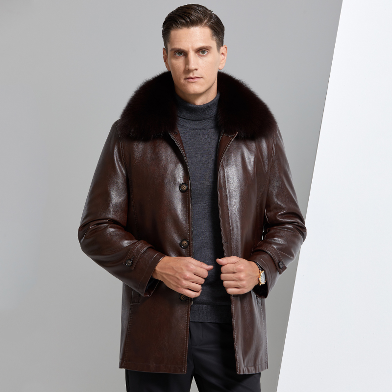 [送礼皮草可拆卸内胆]高端皮草春秋外套海宁真皮派克服男装春秋装中老年防寒男中长款狐狸大毛领貂绒内胆中年爸爸装尼克服大衣男高清大图