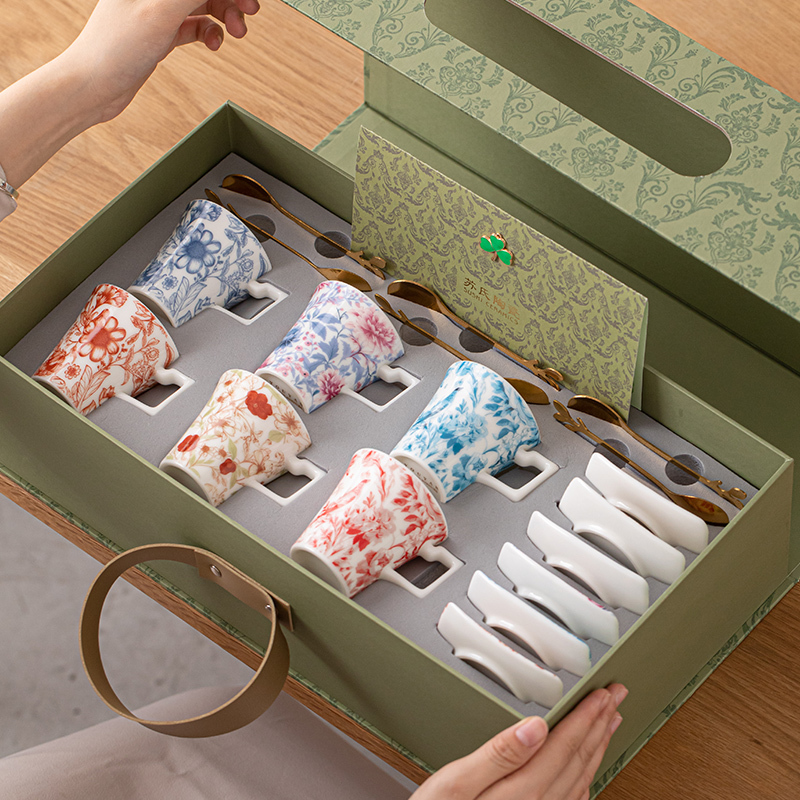 苏氏陶瓷(SUSHI CERAMICS)咖啡杯蝶勺百花高档精致陶瓷杯子轻奢高级感下午茶具盒装礼物