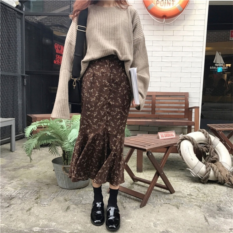 碎花拉链鱼尾裙复古高腰显瘦百搭中长款包臀半身裙女春季