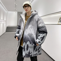 蓝缕金(LANLVJIN)男士羽绒服冬季2021新品加厚宽松保暖90%白鸭绒中长款外套青少年宽松印花防风防水御寒男装