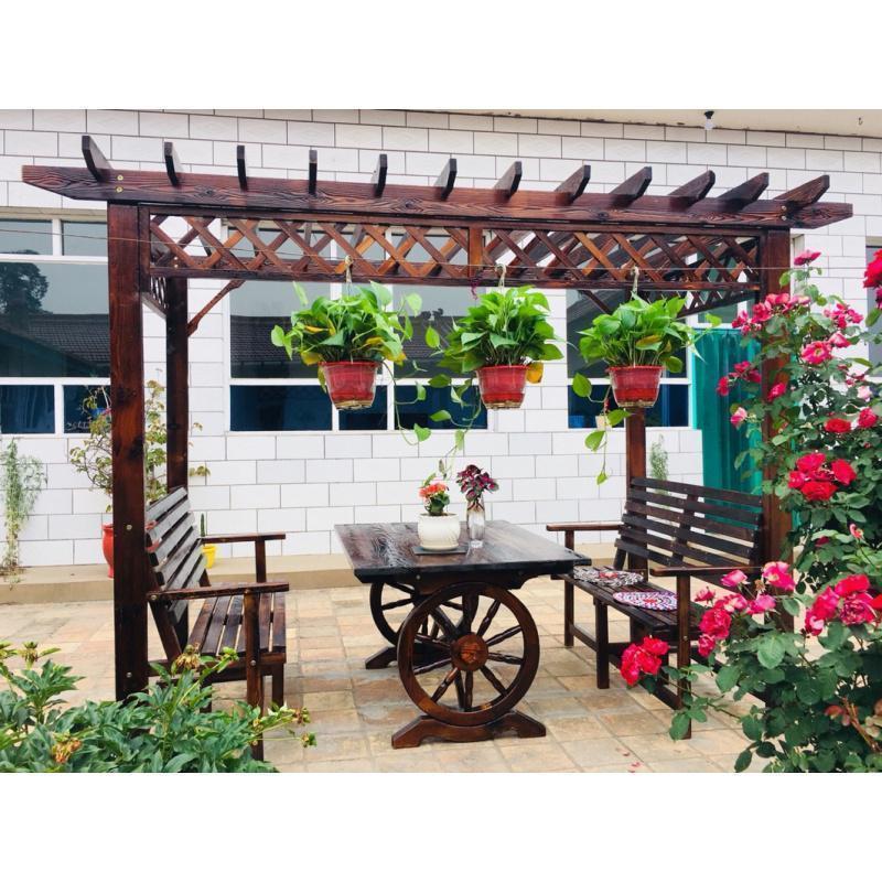 森美人防腐木屋凉亭葡萄架户外庭院桌椅休闲家具花园碳化实木爬藤花架 B款加宽款75宽车轮桌