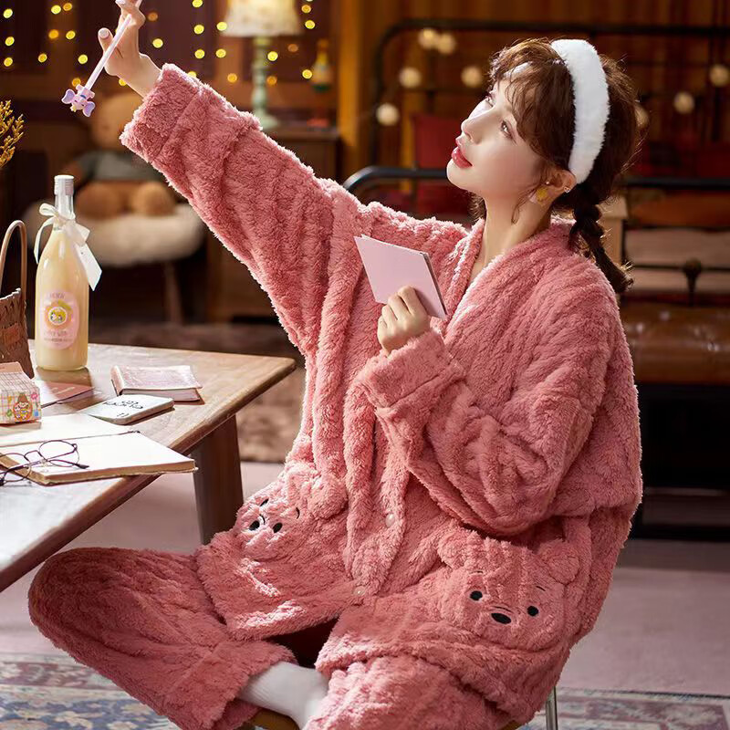 浪莎睡衣女长袖珊瑚绒秋冬季加绒加厚法兰绒冬天加大码家居服套绒高清大图