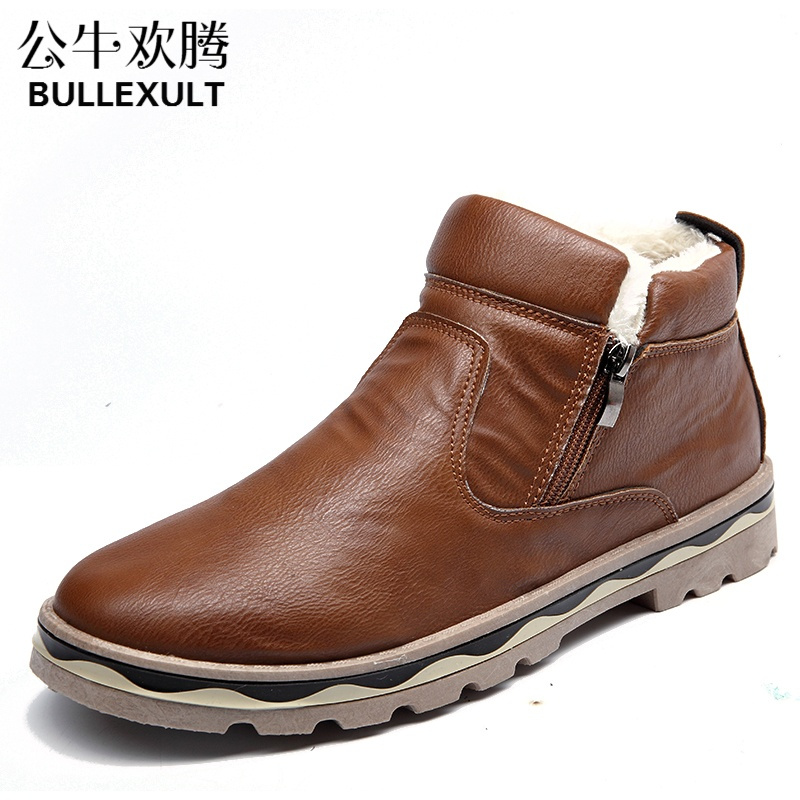 公牛欢腾2019雪地靴男冬季保暖加绒防水防滑皮鞋马丁靴黑色拉链高帮鞋冬天棉鞋