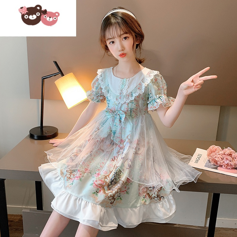绿彩虹光洛丽塔公主裙2022新款夏装连衣裙大童儿童洋气夏季薄款女孩裙子夏