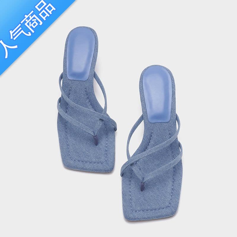 SUNTEK2023年新款夏季M方头夹趾高跟凉鞋女韩版简约风粗跟细带高跟鞋图片