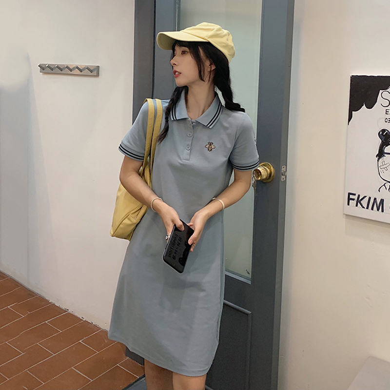 女装连衣裙夏季2021新款显瘦POLO领短袖chic白色休闲T恤裙子ins潮 白色 M