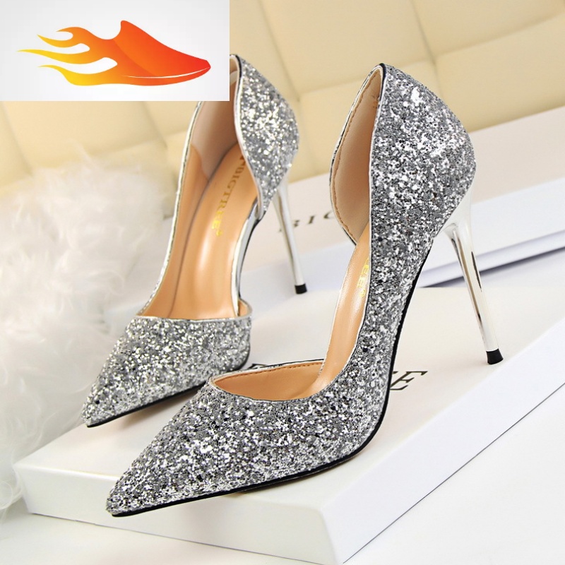 fish basket新款春夏季银色小高跟鞋细跟尖头性感金色单鞋单根百搭