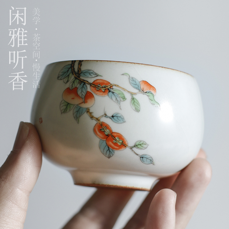 景德镇汝窑日式中式功夫陶瓷复古单杯喝茶碗闻香杯品茗杯主人茶杯 三维工匠 月白汝窑宽口杯-枇杷高清大图