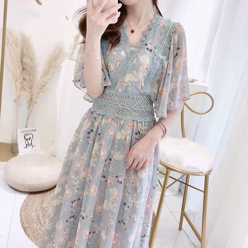 夏装2021年新款女五分袖蕾丝边碎花雪纺连衣裙收腰显瘦气质长裙子 浅蓝色 有内衬不用搭裹胸 S 90斤以下