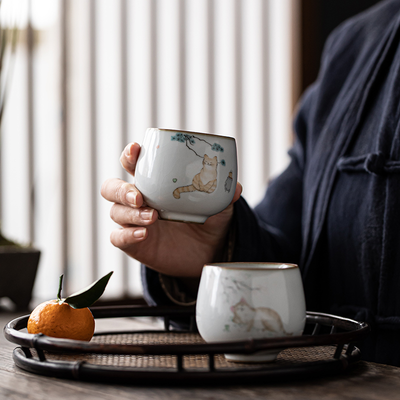 汝窑茶杯子主人杯单个杯猫咪品茗杯陶瓷功夫茶具开片家用喝茶杯 三维工匠 汝窑禅定杯-宁静猫高清大图