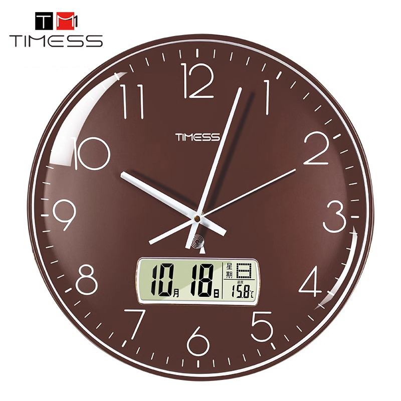 TIMESS电波钟钟表挂钟客厅家用时尚时钟挂墙轻奢装饰大气创意挂表 绅士咖【日历电波钟】【自动对时+分秒不差】 14英寸（直径35.5厘米）