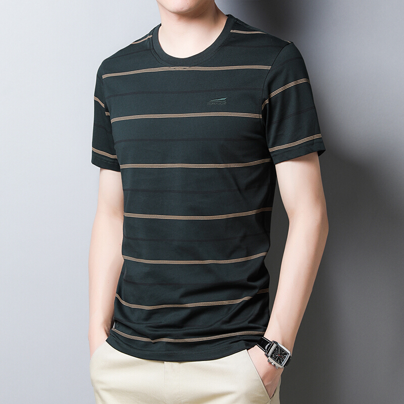 梵克公牛短袖t恤男青中年夏装半袖上衣无领圆领衫休闲横条纹园领棉料t