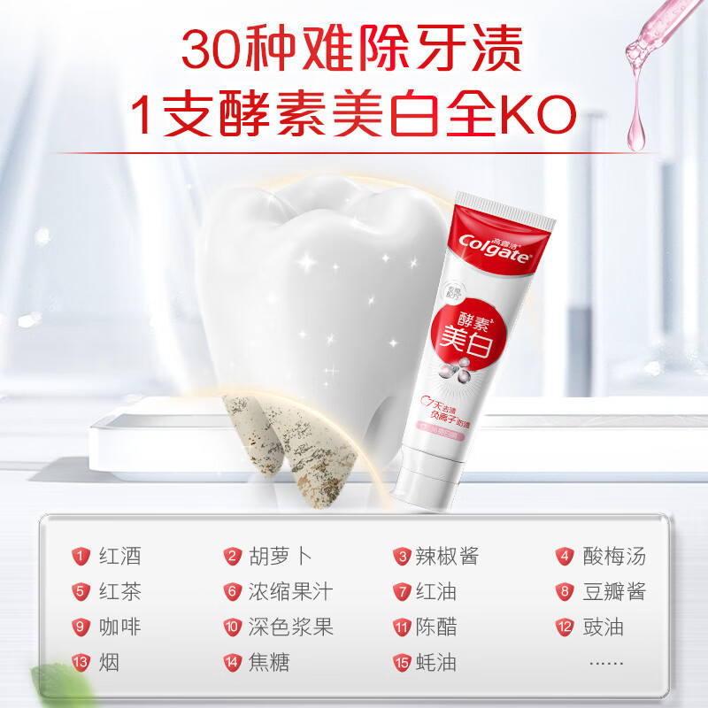 高露洁(Colgate)美白亮白去黄去牙渍去烟渍牙垢口臭护龈 酵素美白牙膏沁爽白桃味120g*1支高清大图
