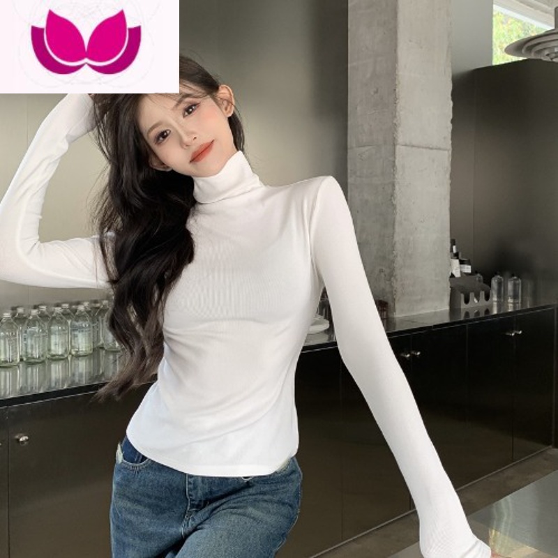 七斓加绒针织衫春季女装高领磨毛长袖打底衫内搭紧身保暖上衣黑色t季 均码 白色加绒款
