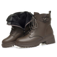 跨境加绒马丁靴女冬季新款舒适妈妈鞋棉鞋粗跟防滑保暖中老年短靴 卡其L-7165加绒粗跟4.5cm 38