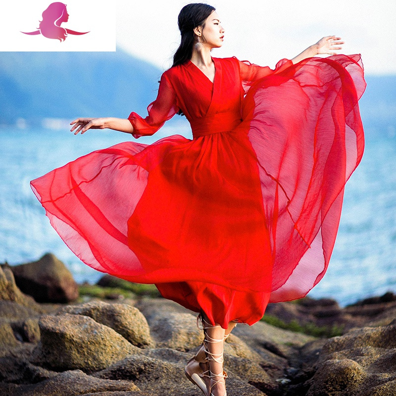 艳如飞大红色连衣裙拍照长裙超仙大摆沙滩红裙海边度假飘逸西双版纳