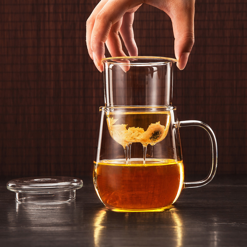 宜可 加厚玻璃杯 花茶杯水杯茶具杯子女喝水带盖茶杯 办公室过滤泡茶杯