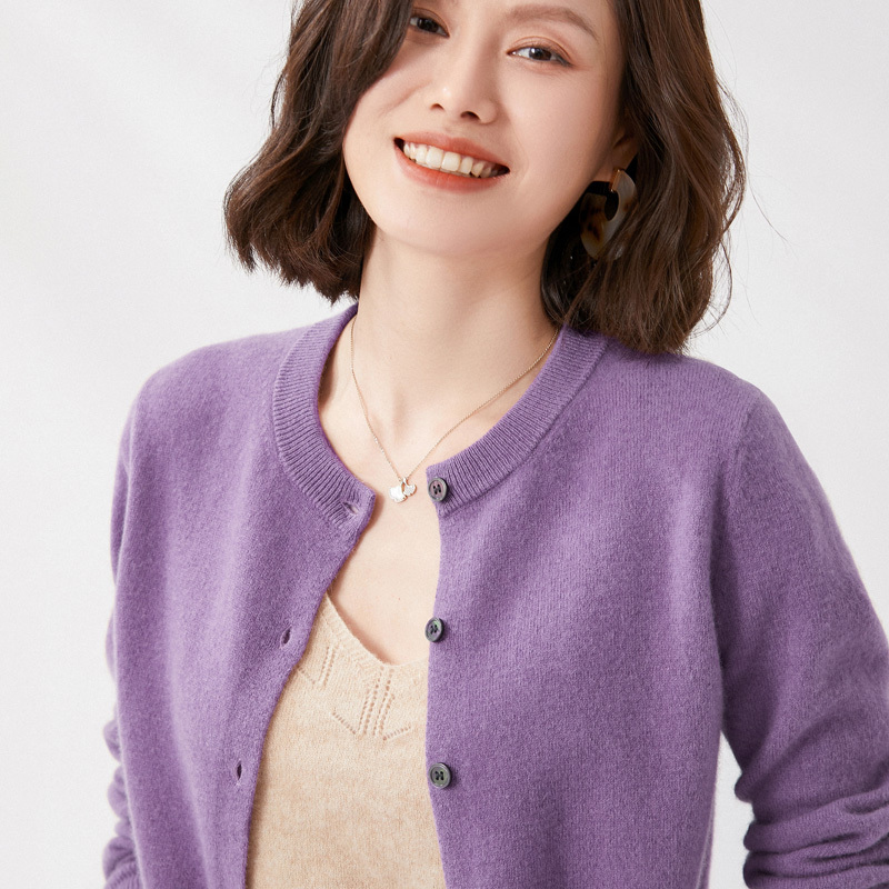 雪米贝奴100%羊毛开衫毛衣女圆领春秋韩版单排扣宽松针织外搭薄款外套