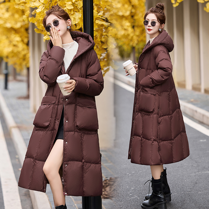 高端欧货羽绒服女冬季2024新款过膝90白鸭绒高级感加厚中长款保暖外时尚羽绒服秋冬新款宽松大码冬季羽绒服女女款加厚外套冬 2058桔色送真毛领 S