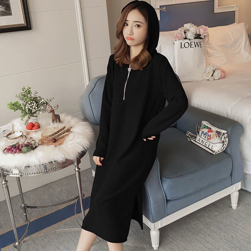 迪鲁奥(DILUAO)孕妇裙子秋季时尚宽松外出A字裙连帽中长款针织打底秋孕妇连衣裙图片