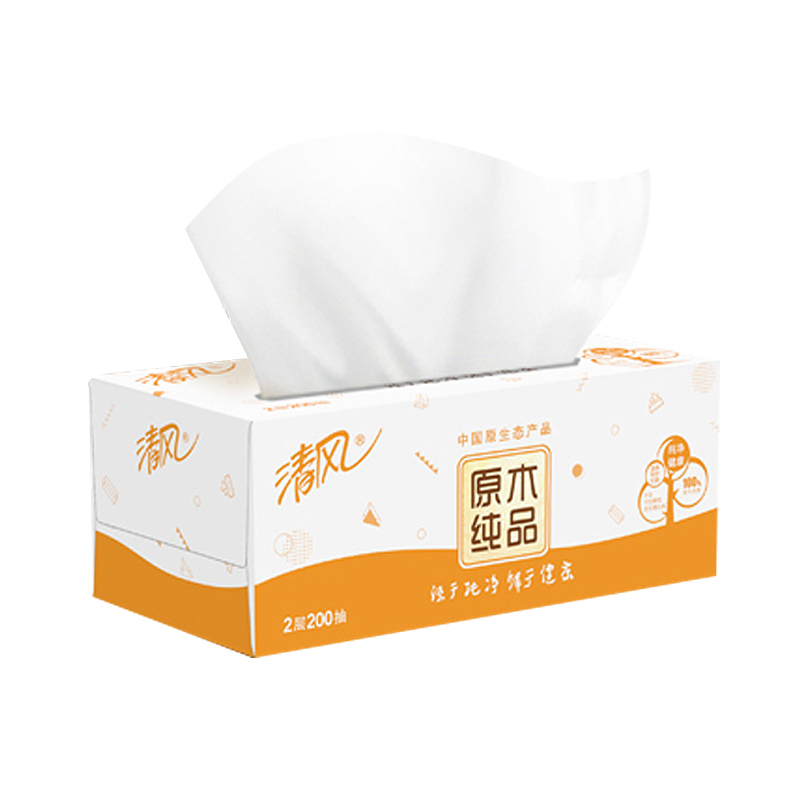 清风抽纸原木纯品盒装面巾纸餐巾纸双层 200抽/盒 3盒/提(新老包装随机发货)