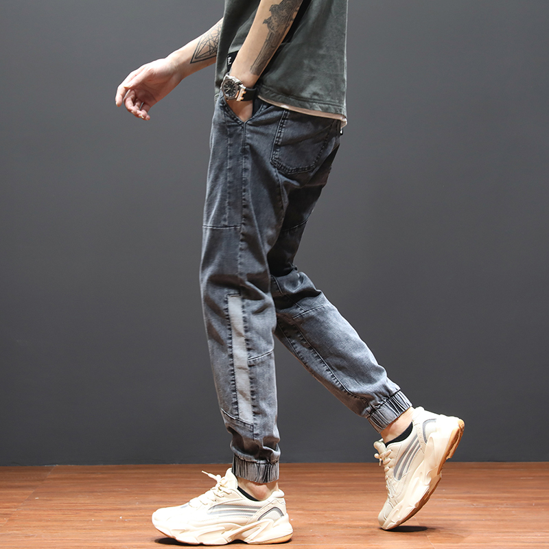 yuansu抽绳牛仔裤男松紧潮牌束脚裤男弹力宽松小脚男裤大码男士哈伦裤