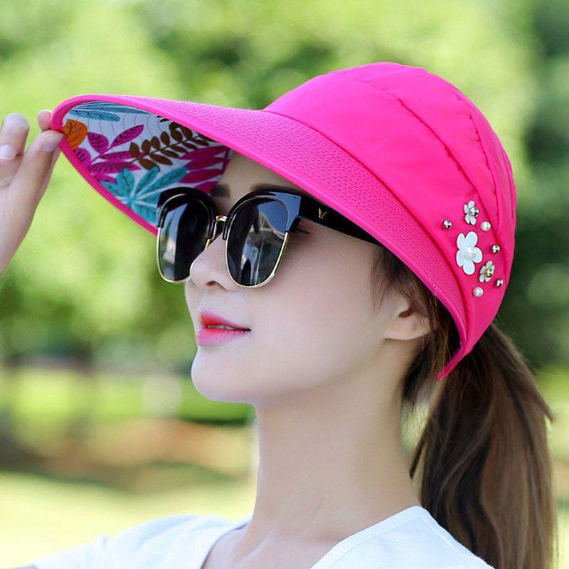 太阳帽女夏 百搭潮防紫外线防晒帽 夏季韩版骑车遮阳帽可折叠帽子 送墨镜+防风绳和绑头绳 珍珠花 玫红