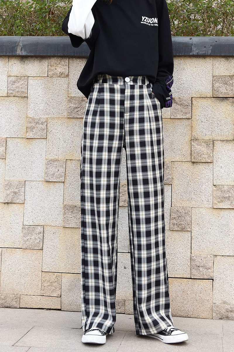 苼荟格子裤女春夏季2020新款高腰垂感宽松韩版显瘦直筒古着拖地阔腿裤