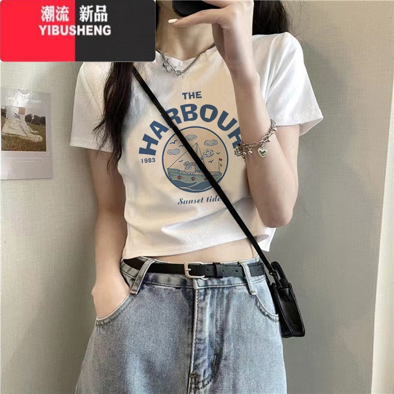 YIBUSHENG短款修身正肩短袖T恤女2023装新款欧货气质感上衣辣妹小妹高清大图