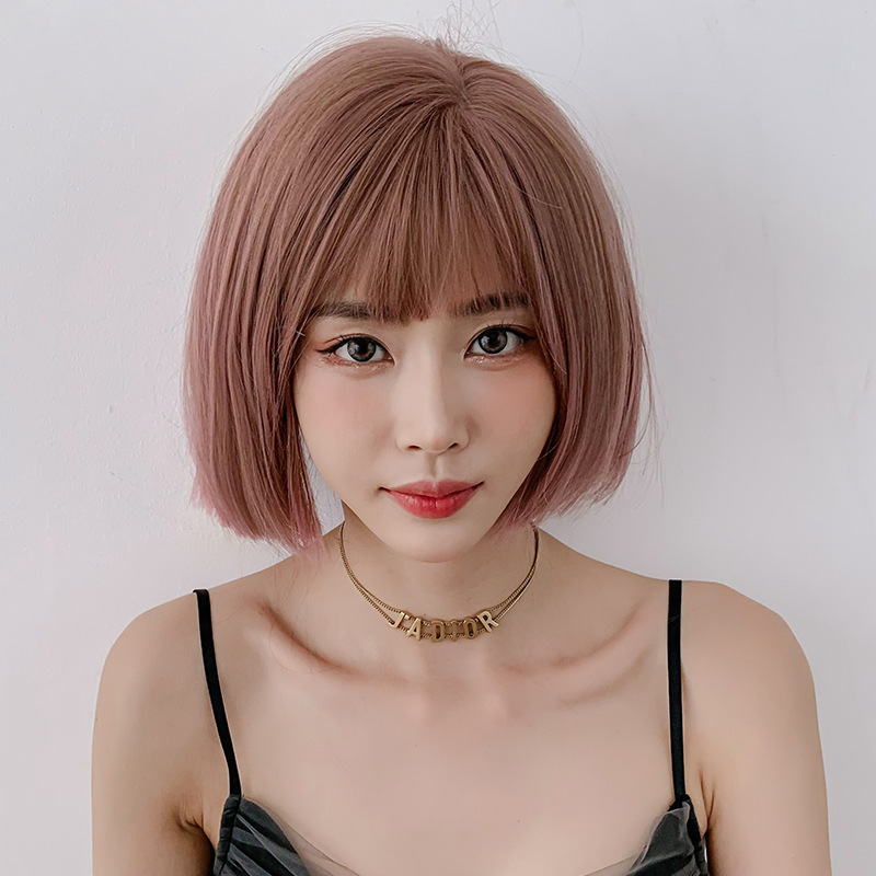 假发女短发空气刘海蓬松波波头粉色全头套个性齐耳中短发
